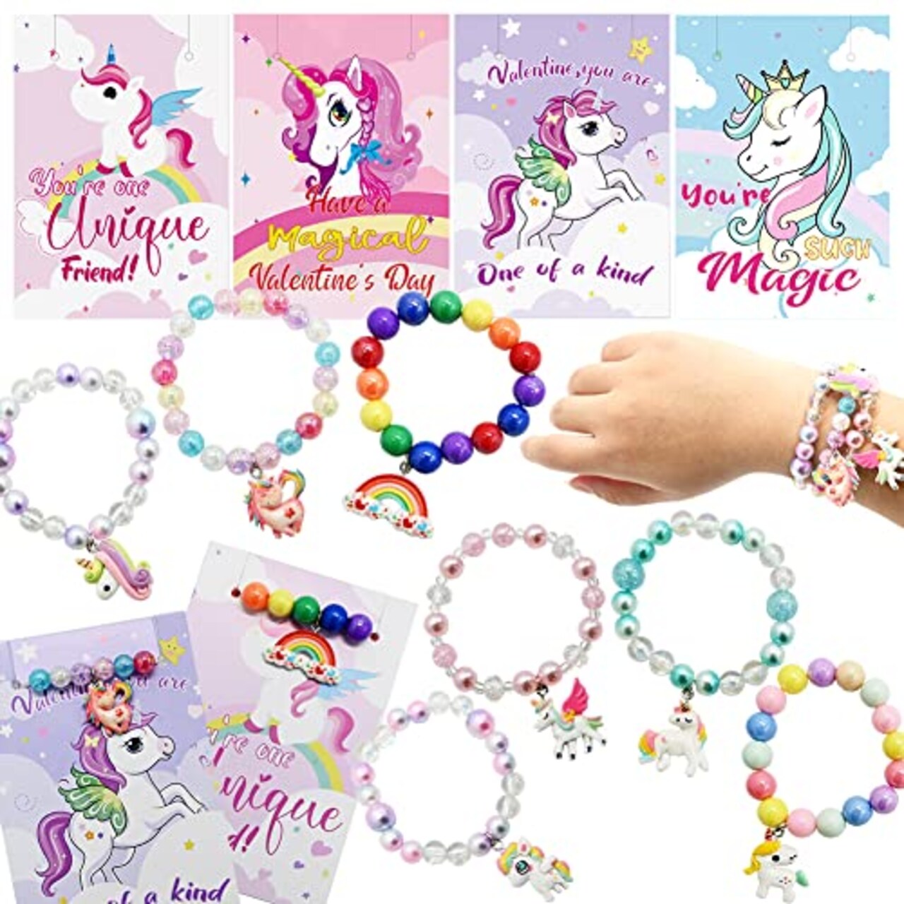 UMEELR 28 Packs Unicorn Valentines Day Cards with Rainbow Bracelets for Kids Classroom Prizes, Valentine's Party Favors Toys for Girls and Valentine School Exchange Gifts Greeting Cards